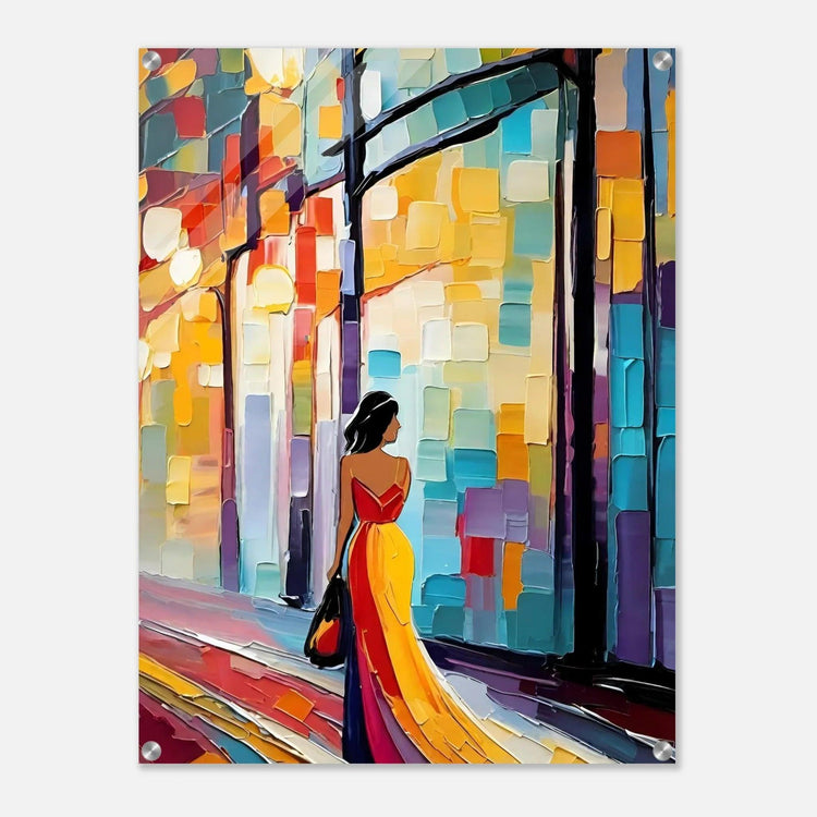 Colorful city figurative wall art with woman in red top and yellow dress against bright blocks