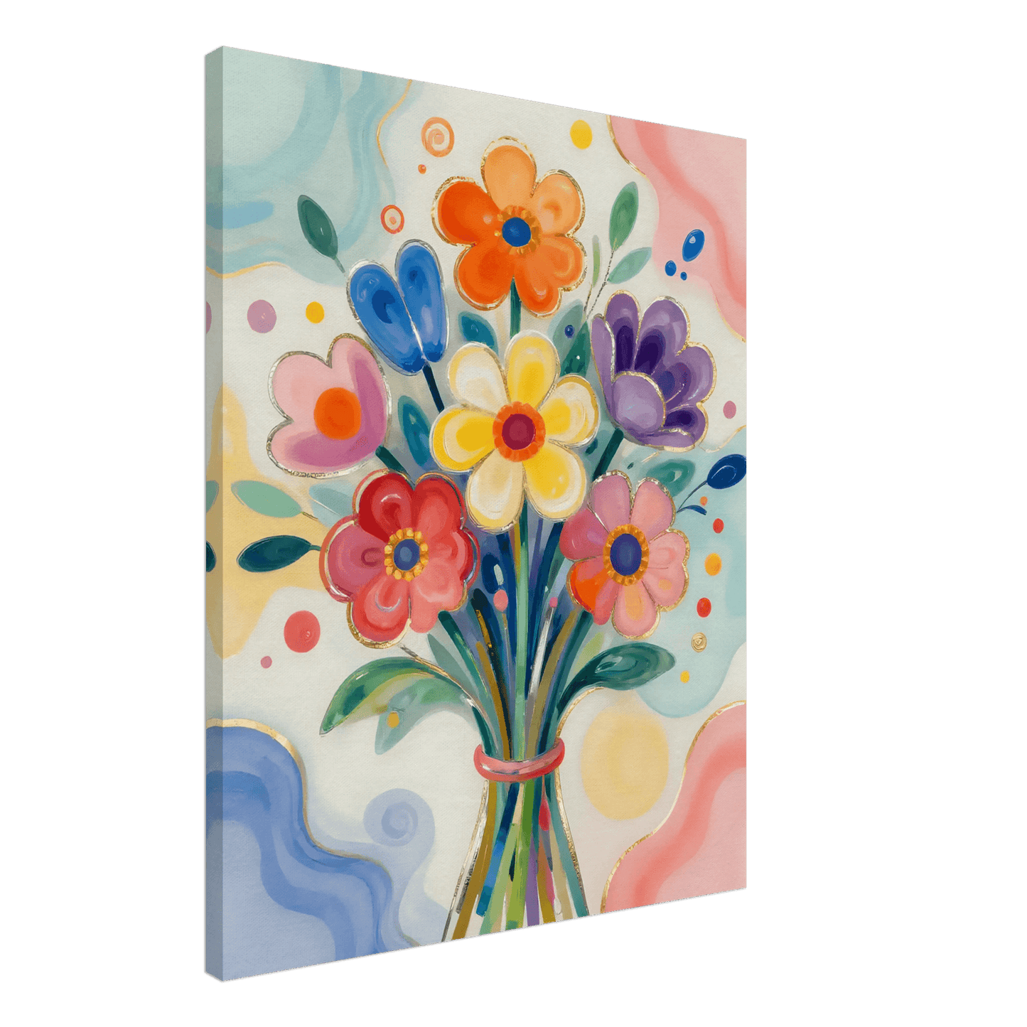 Colorful floral bouquet wall art in rectangular frame with blue, orange, yellow, and purple flowers