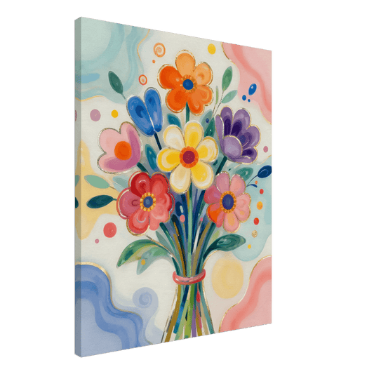 Colorful floral bouquet wall art in rectangular frame with blue, orange, yellow, and purple flowers