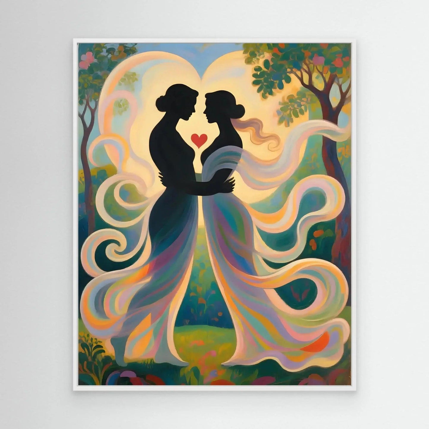 Framed couple silhouette wall art with red heart, colorful flowing skirt details