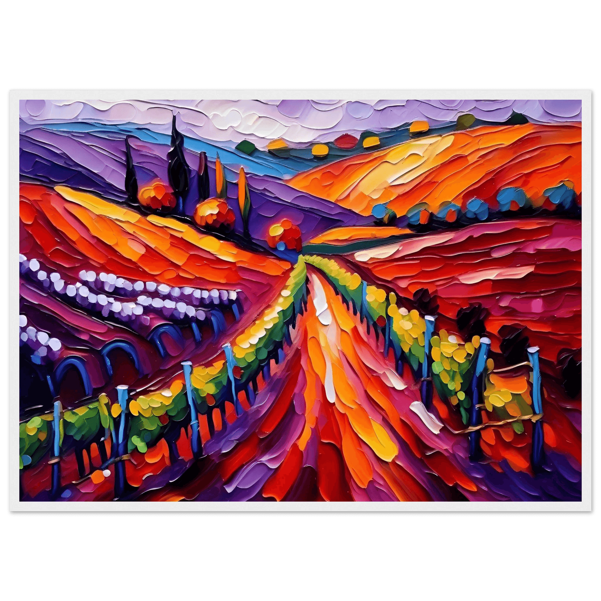 Vibrant vineyard landscape wall art with textured orange and purple hills, in white frame.