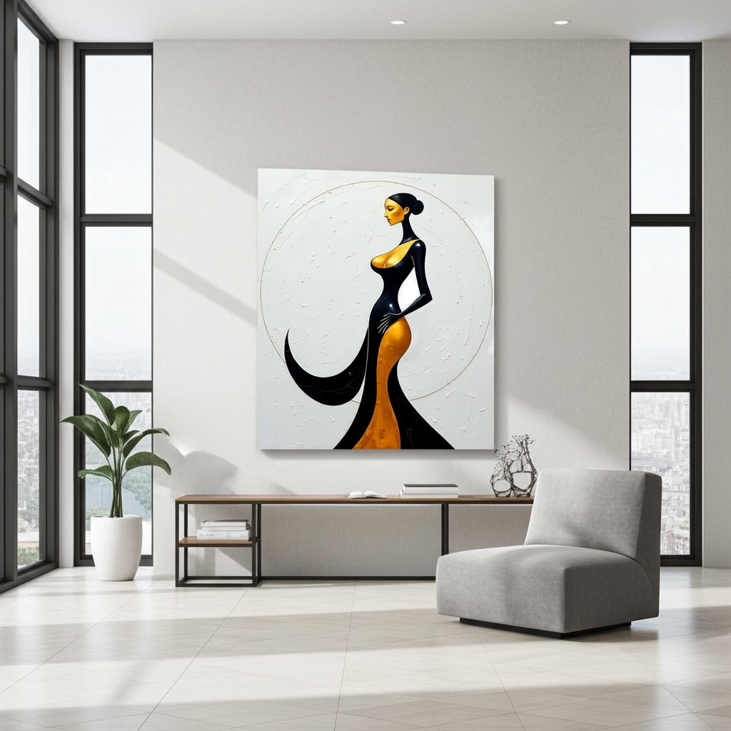 Square canvas art of a stylized Art Deco woman figure in black and golden tones