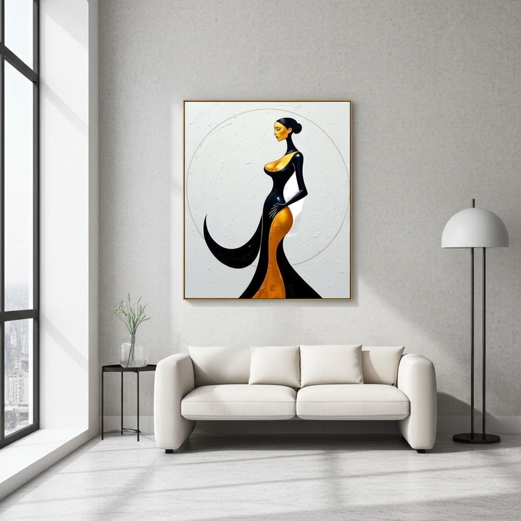 Framed wall art of a stylized Art Deco woman silhouette with black and golden colors