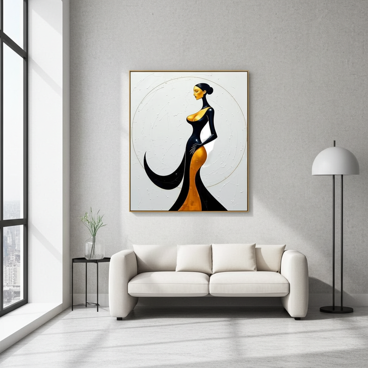 Framed wall art of a stylized Art Deco woman silhouette with black and golden colors
