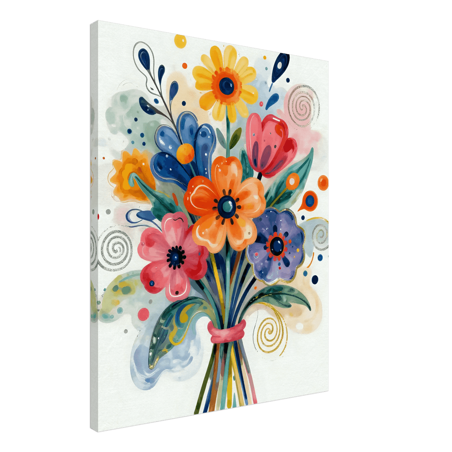 Abstract floral bouquet canvas with colorful flowers in yellow, orange, pink, and blue