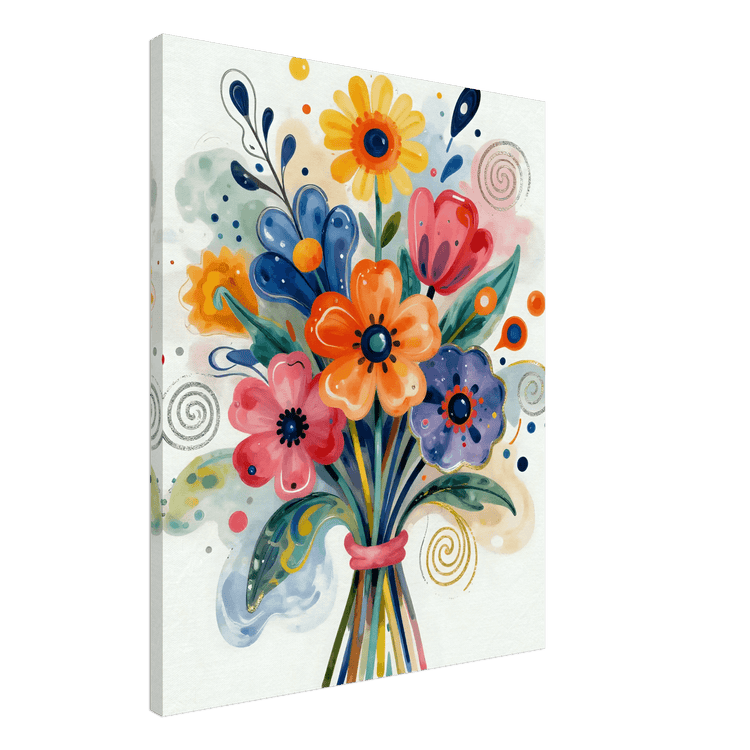 Abstract floral bouquet canvas with colorful flowers in yellow, orange, pink, and blue