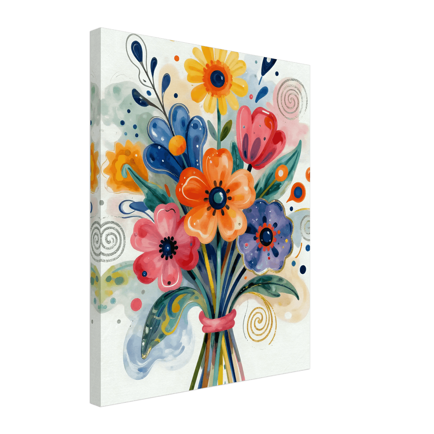 Abstract floral bouquet canvas, front view with blue, orange, pink, and yellow flowers