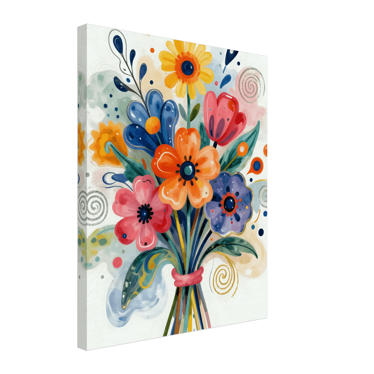Abstract floral bouquet canvas, front view with blue, orange, pink, and yellow flowers