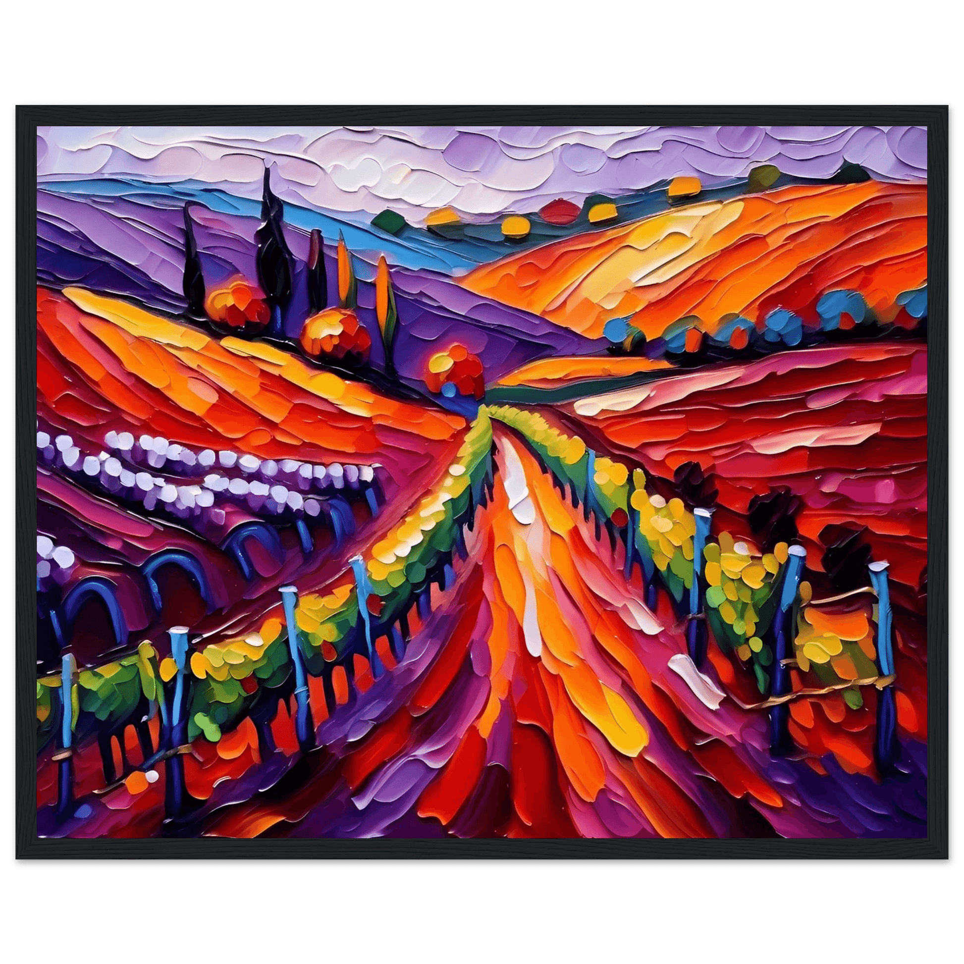 Vibrant textured vineyard landscape wall art in dark frame with vivid red, orange, purple hues