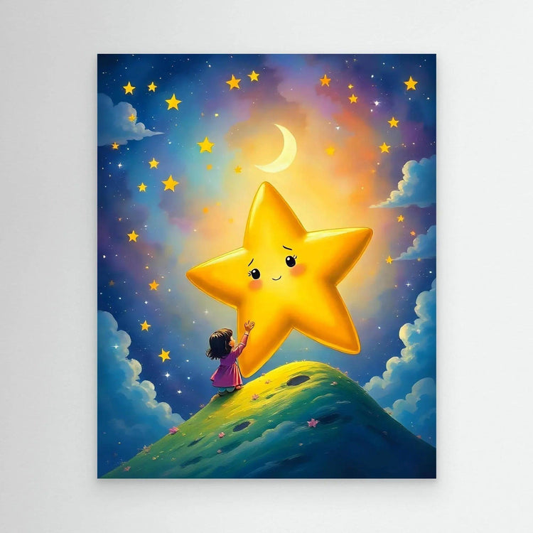 Framed celestial wall art with smiling yellow star, crescent moon, and child on hill