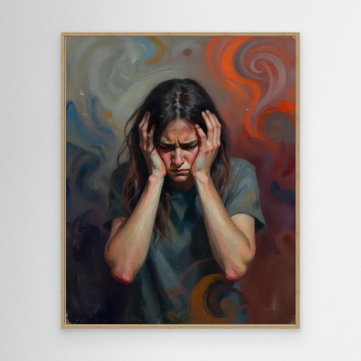 Contemplative Woman Amidst Swirling Colors