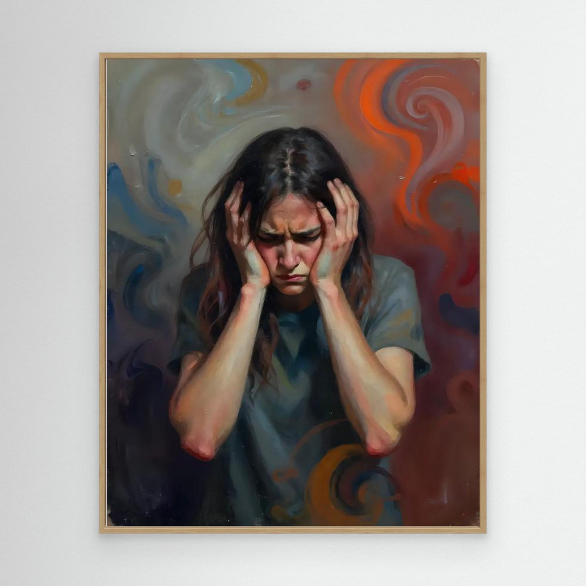 Oak-framed wall art portrait painting of a woman holding her head, dark hair and swirls.
