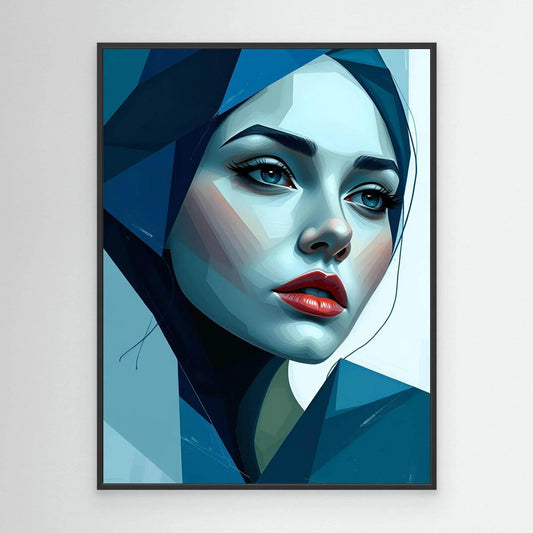 Framed blue geometric portrait artwork with stylized woman's face and red lips