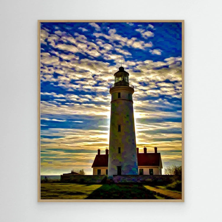 Framed lighthouse wall art with a tall lighthouse tower in front of a blue sky