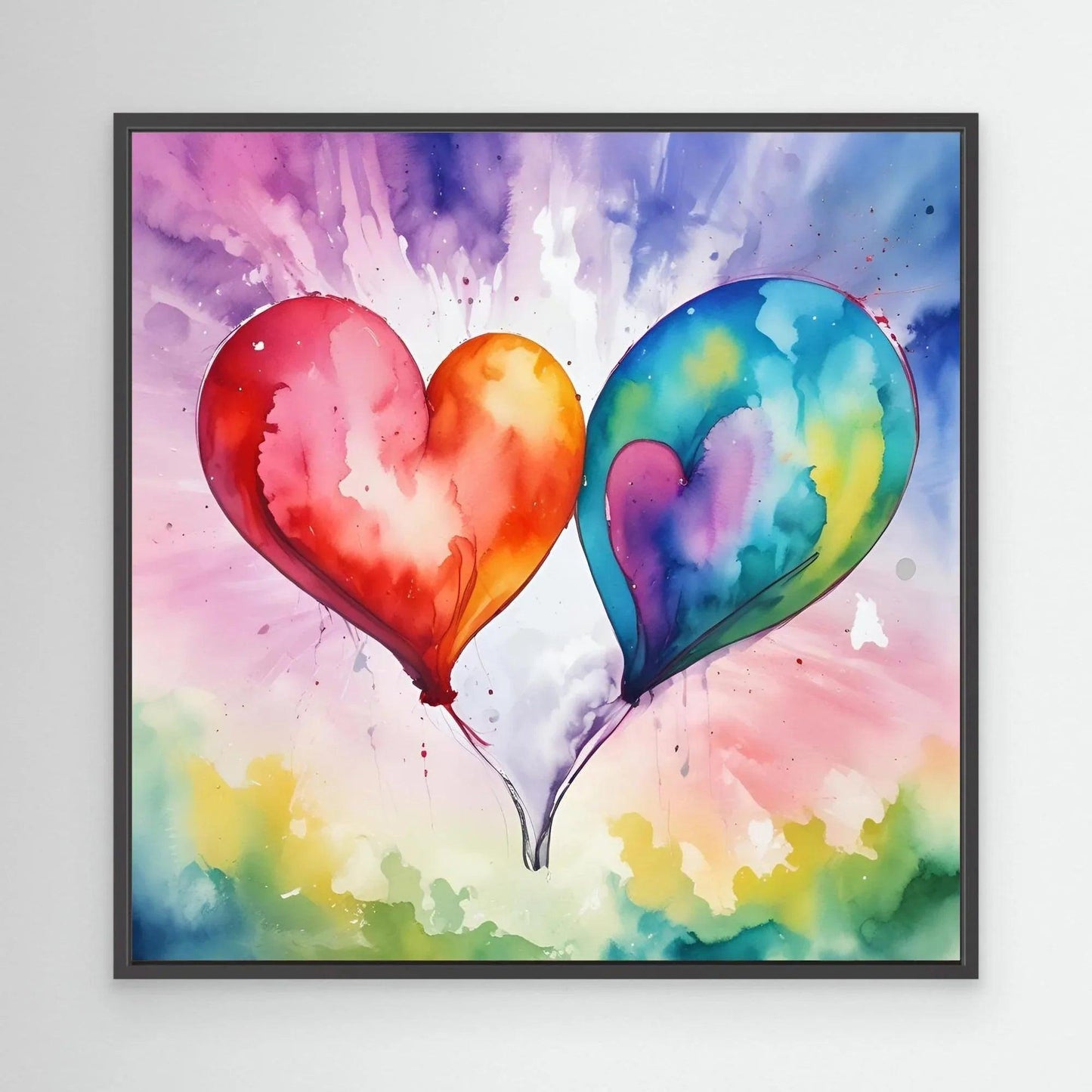 Framed wall art of three heart-shaped balloons in watercolor style, with splashes of color