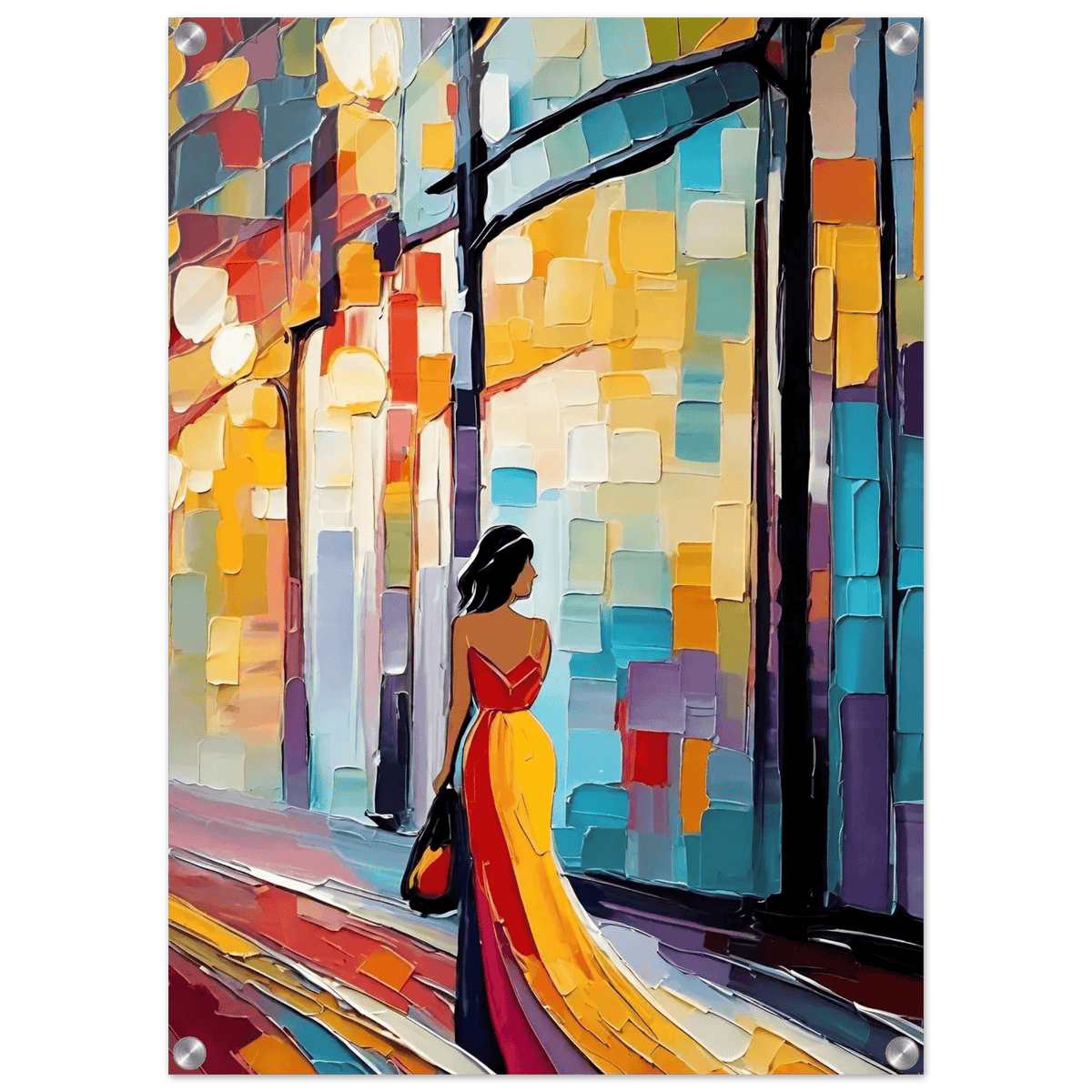 Colorful city figurative wall art close-up of woman in red top and yellow dress walking