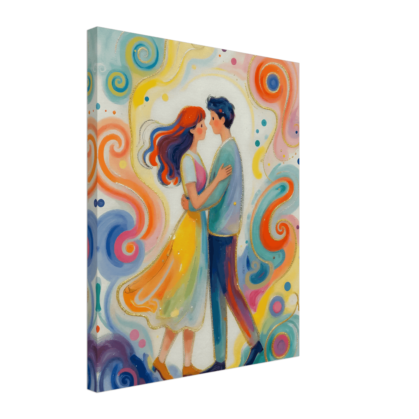 Romantic couple canvas wall art, woman in yellow dress and man in blue, swirl background