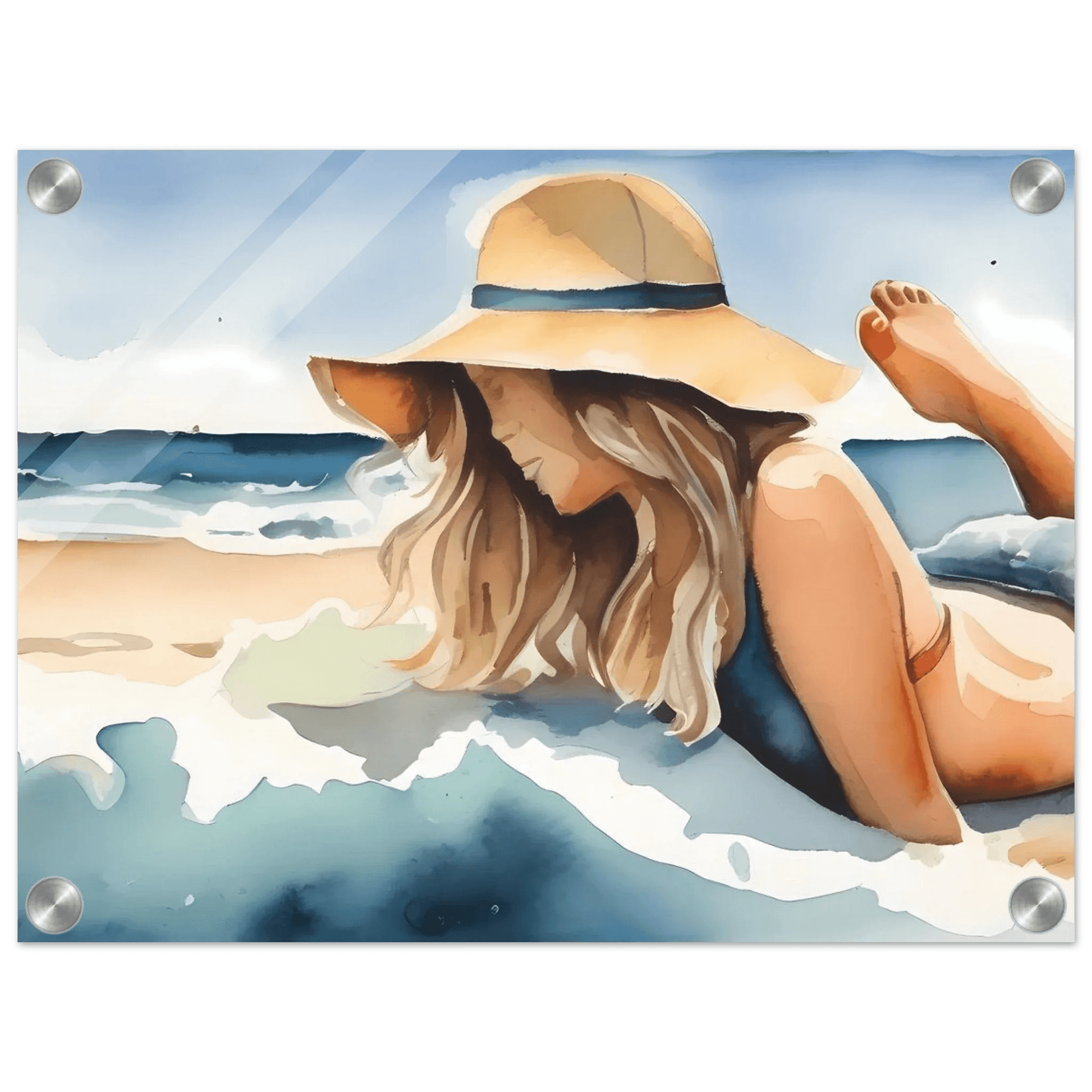 Acrylic beach scene print with woman in wide-brim hat, silver corner hardware