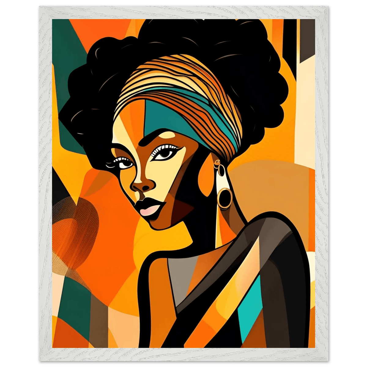 Framed portrait wall art: woman with colorful headwrap, geometric design, light speckled frame