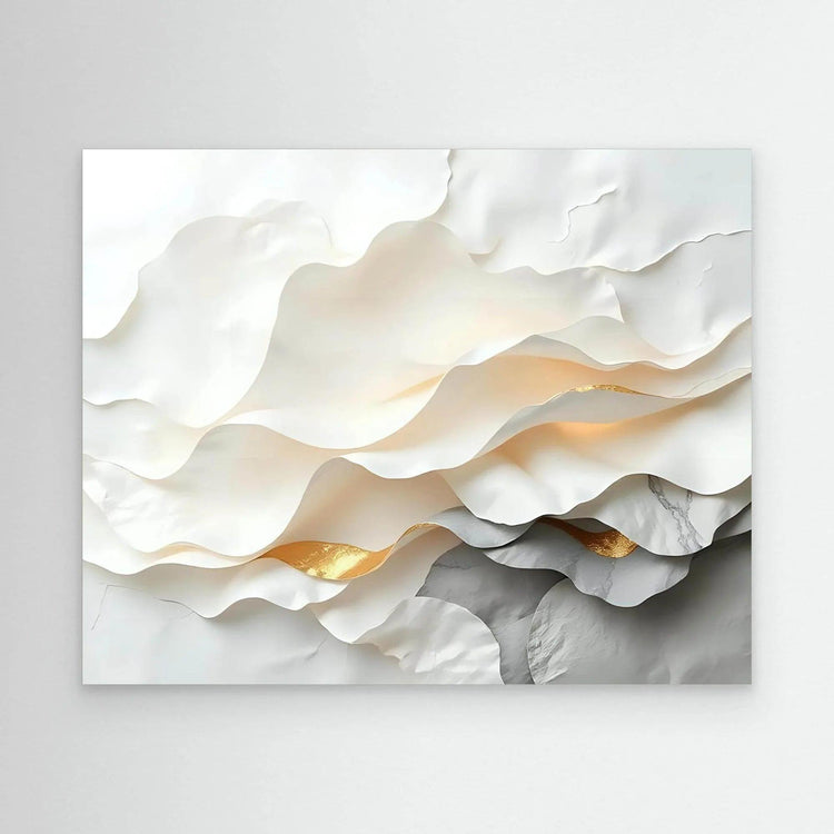 Abstract dimensional wall art with white and gold tones, no visible frame