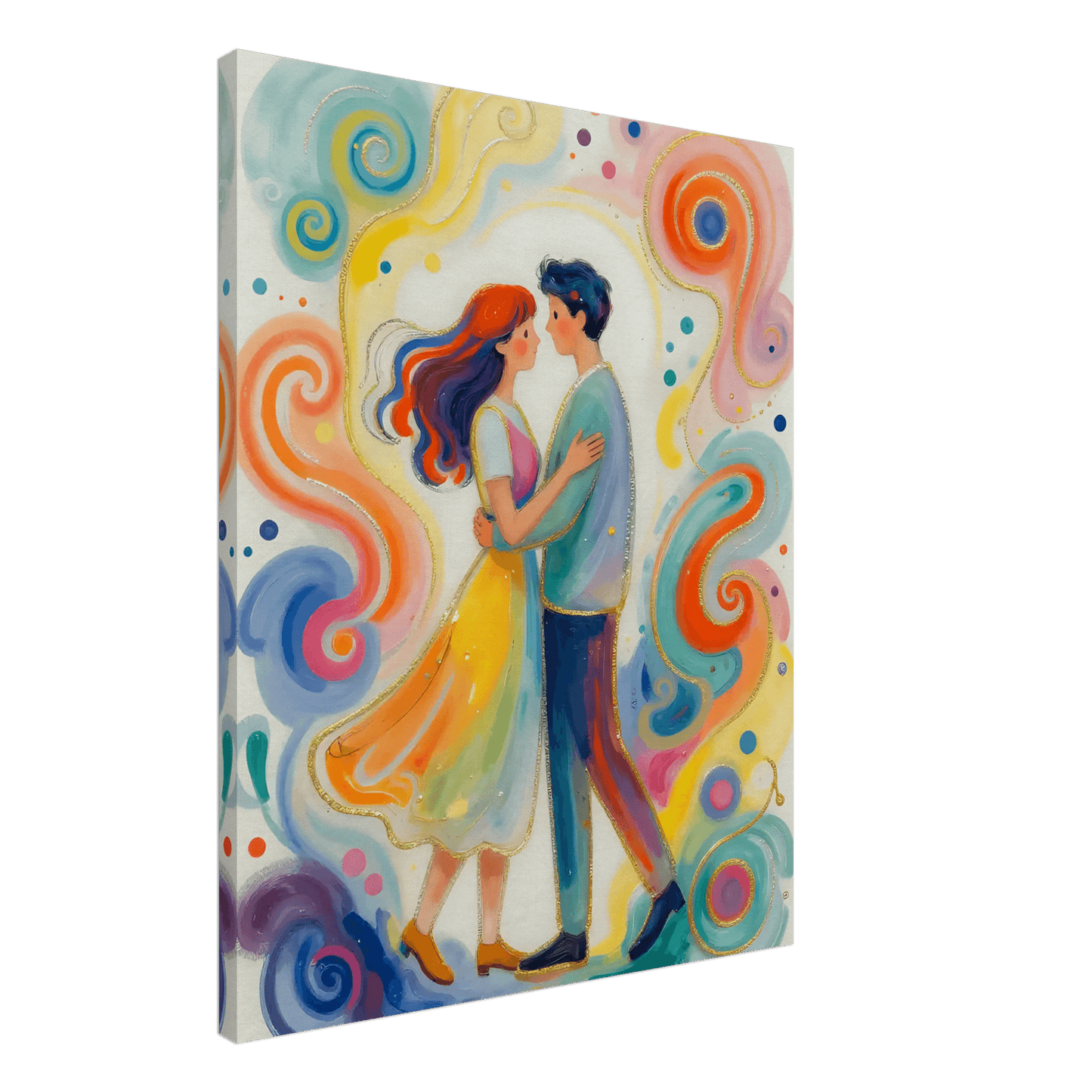 Romantic couple canvas wall art, woman in yellow dress and man in blue, swirl patterns