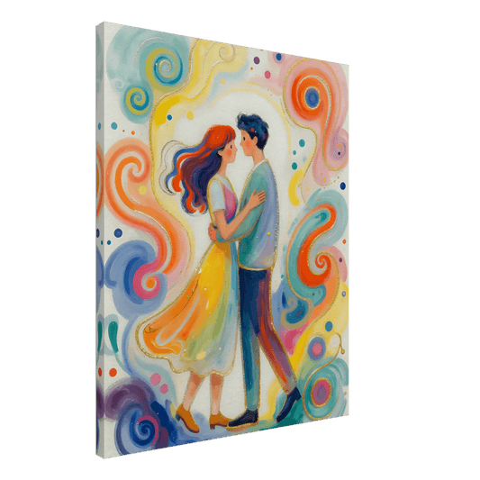 Romantic couple canvas wall art, woman in yellow dress and man in blue, swirl patterns