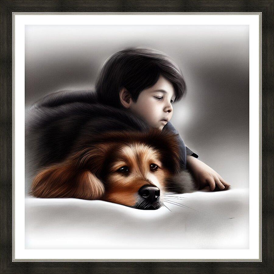 Framed dog and child cuddle portrait print; child behind dog, dark frame border
