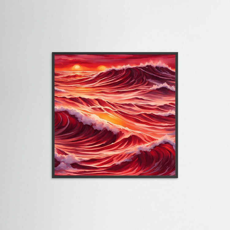 Framed ocean wave wall art with red, pink, and orange sunset hues and a black frame.