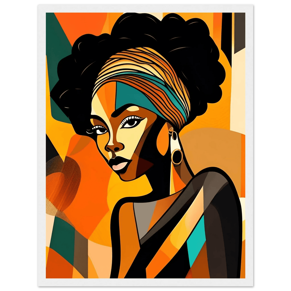 White-framed poster of stylized woman with patterned headwrap and hoop earrings