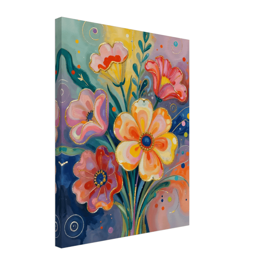 Abstract floral canvas wall art with swirling petals in coral, blush, and pale yellow