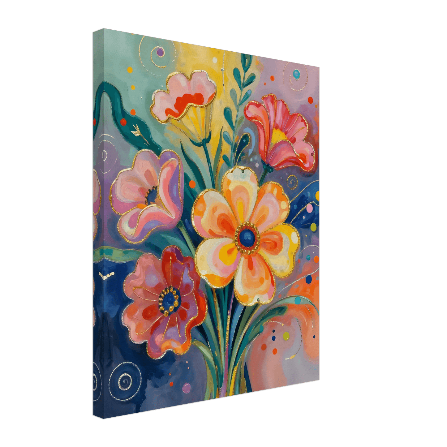 Abstract floral canvas wall art with swirling petals in coral, blush, and pale yellow
