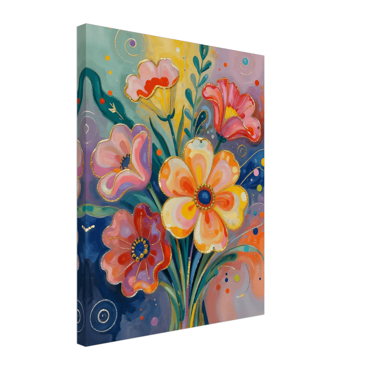 Abstract floral canvas wall art with swirling petals in coral, blush, and pale yellow