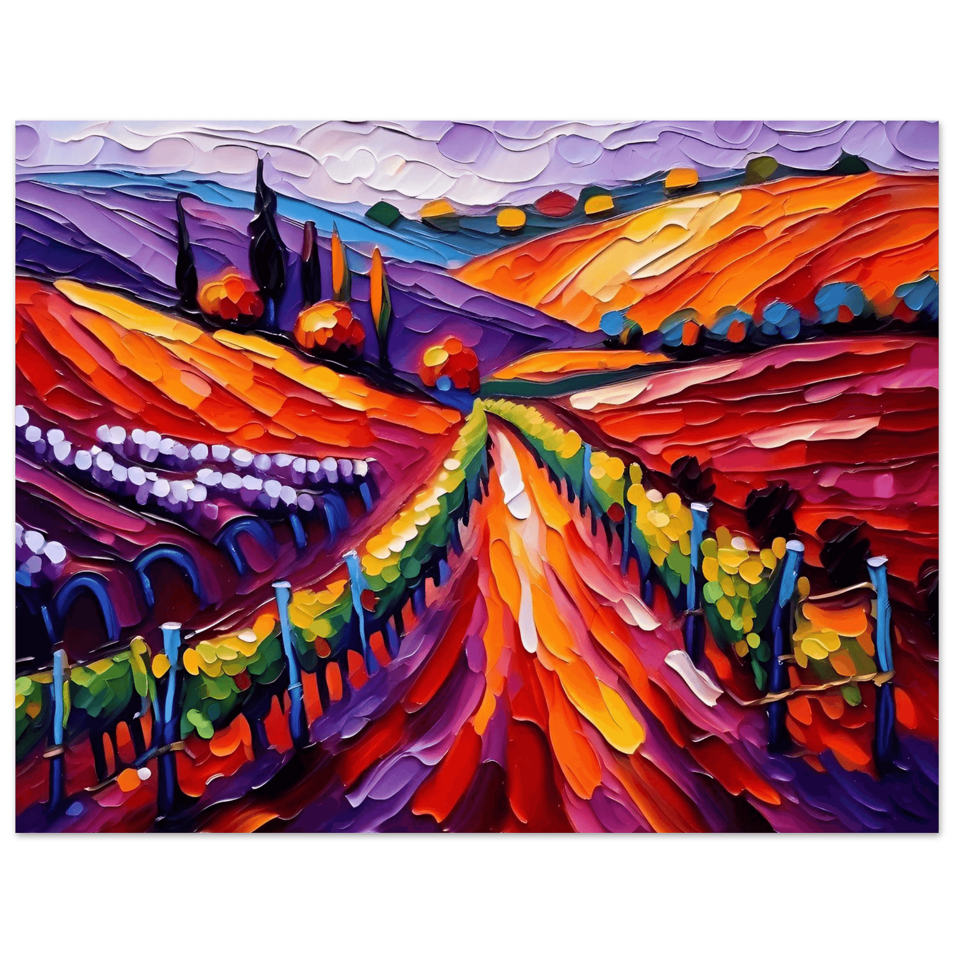 Colorful vineyard landscape print with a light gray border and layered, raised texture