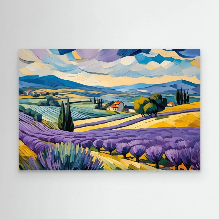 Lavender field landscape wall art with purple rows and blue sky, light wood frame