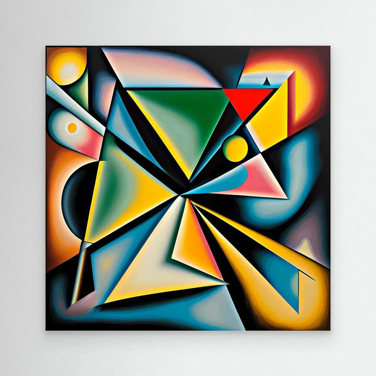 Geometric abstract wall art with colorful angular shapes, black frame.