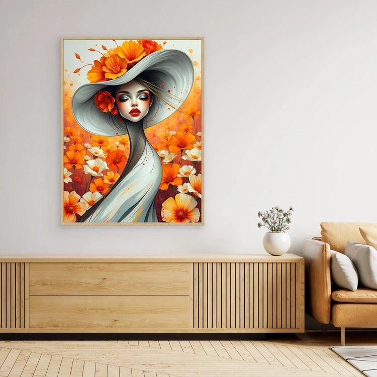 Oak-framed floral portrait of a woman in a light blue dress with orange flowers and petals