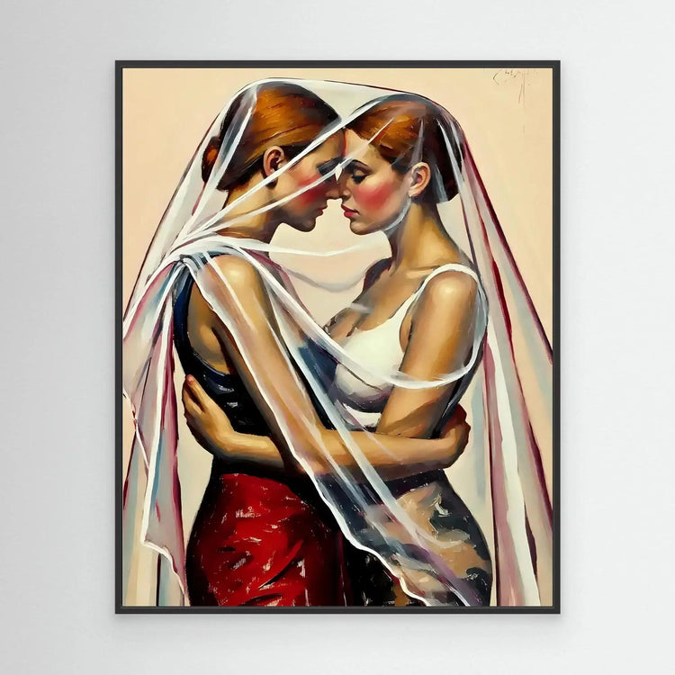 Black-framed wall painting of two women embracing under a flowing veil, kissing