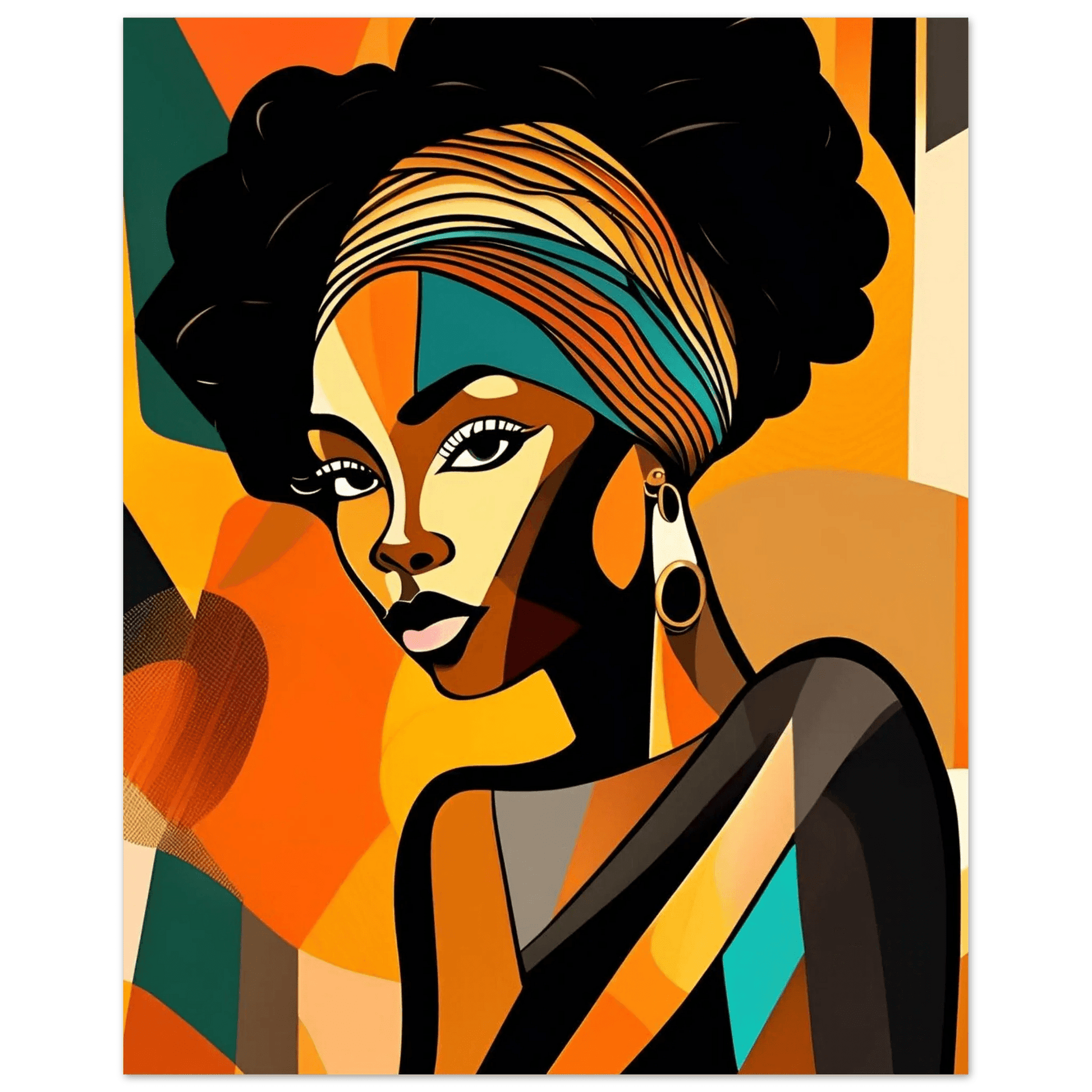 Framed portrait wall art of woman with colorful striped headwrap and hoop earrings