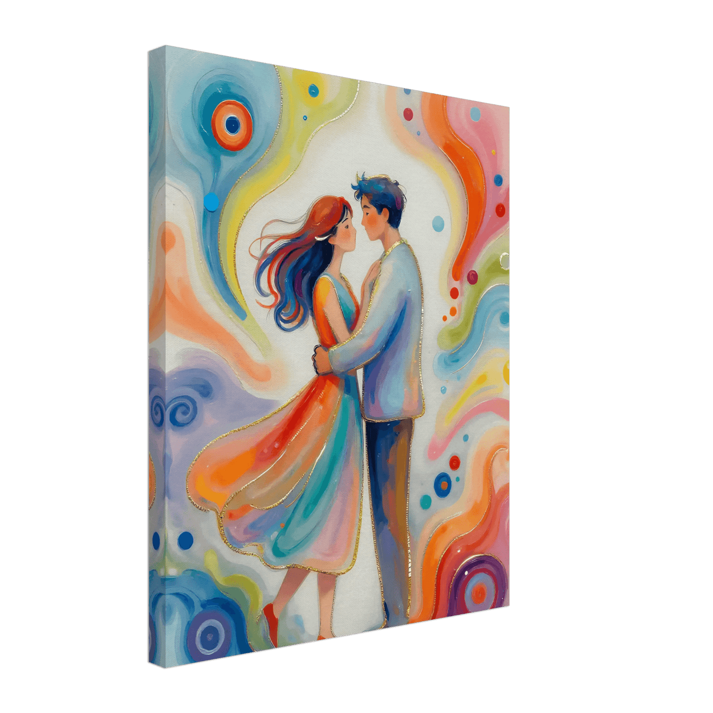Canvas print of a couple standing close, featuring red/orange dress and blue accents