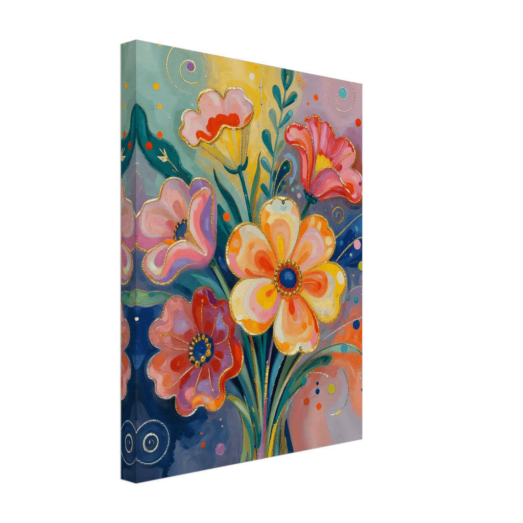 Abstract floral canvas wall art showing a large central yellow flower and surrounding red blooms