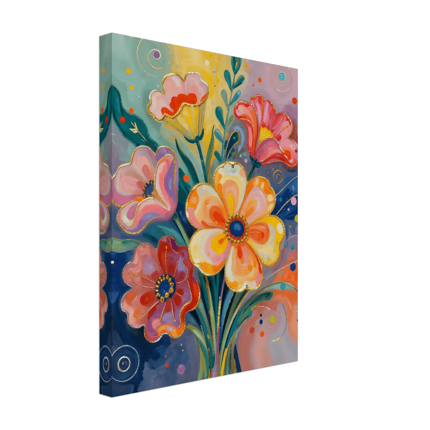 Abstract floral canvas wall art showing a large central yellow flower and surrounding red blooms
