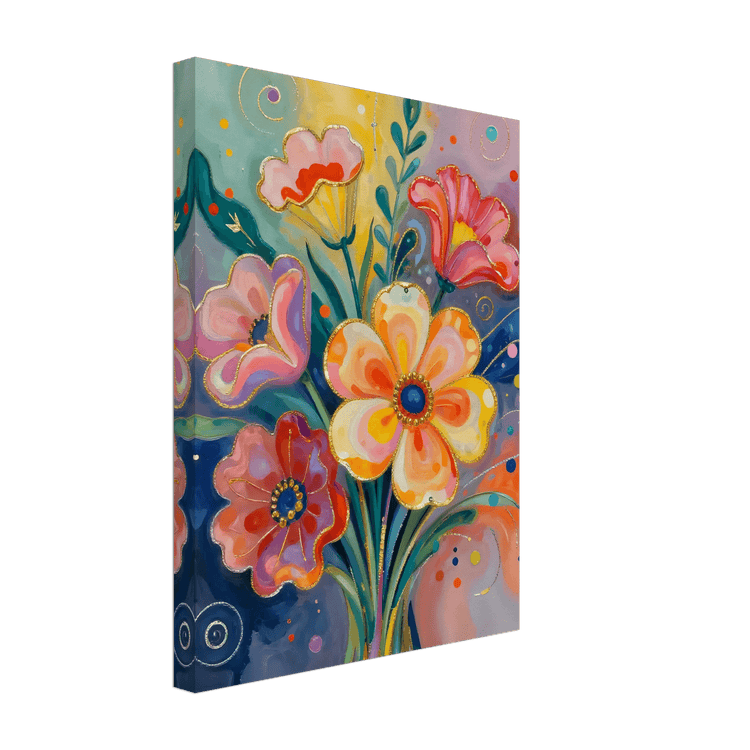 Abstract floral canvas wall art showing a large central yellow flower and surrounding red blooms
