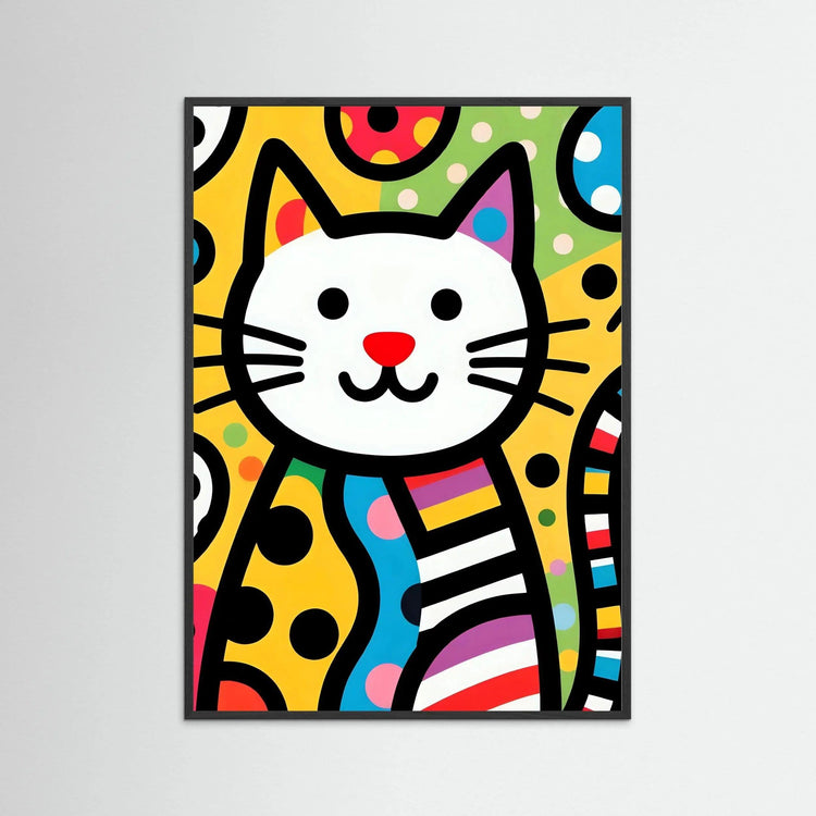 Framed pop art cat print with white face, red nose, and multicolor abstract background.