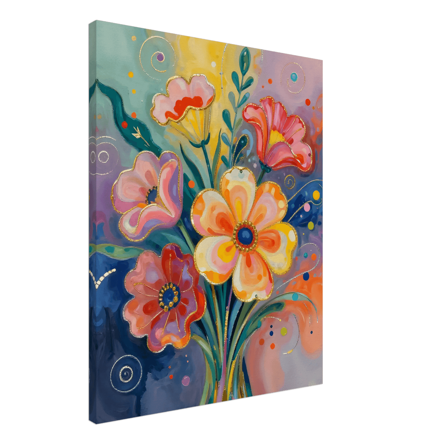 Abstract floral canvas wall art with colorful spring flowers and swirl accents, blue background