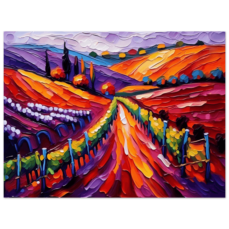 Framed vineyard landscape wall art with textured colorful hills, rows of vines, and trees