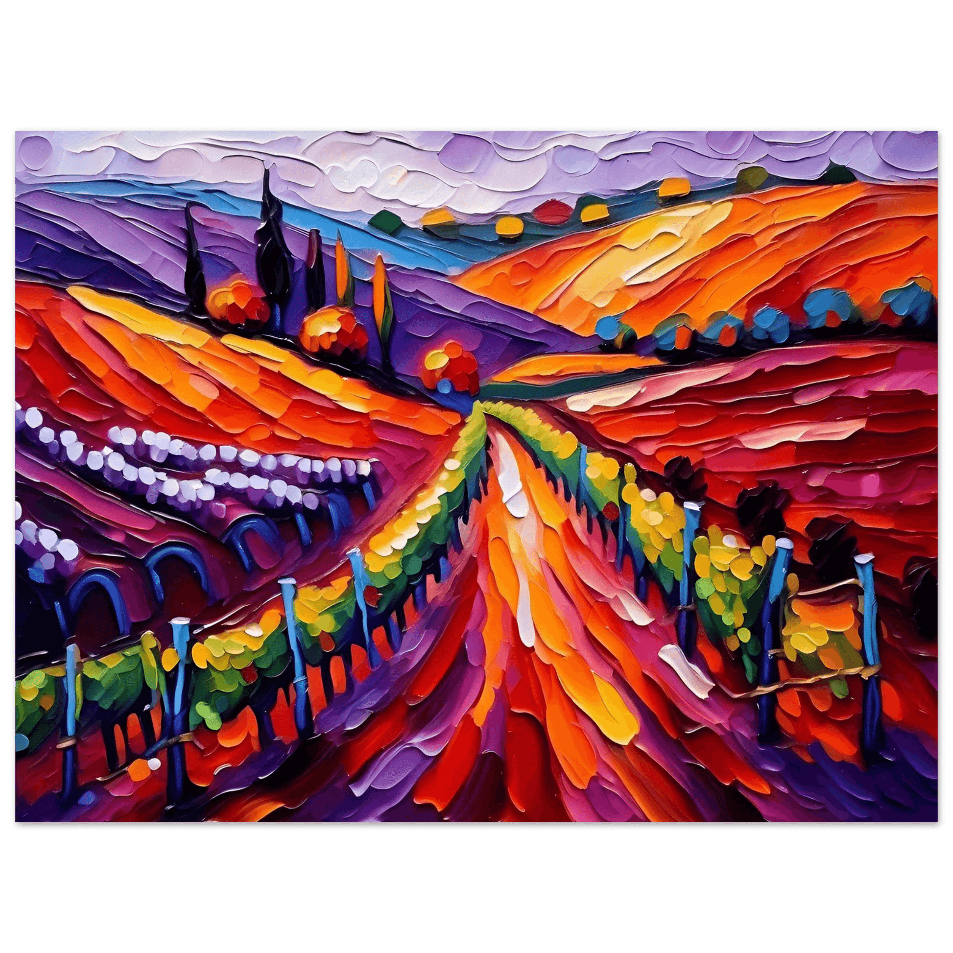 Framed textured vineyard landscape painting with colorful vine rows, orange glow, and purple sky