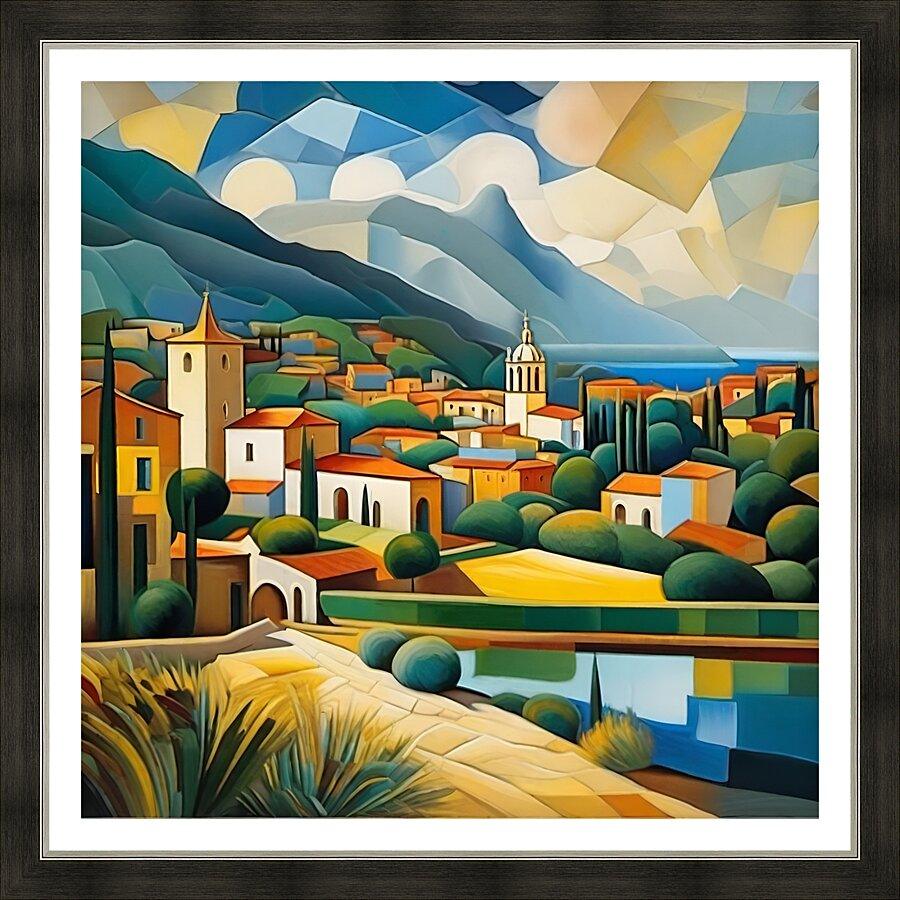 Dark-bordered framed geometric cubist Mediterranean landscape print with town and blue mountains