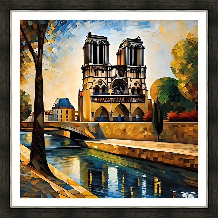 Framed Gothic cathedral mosaic artwork close-up with river and arch bridge