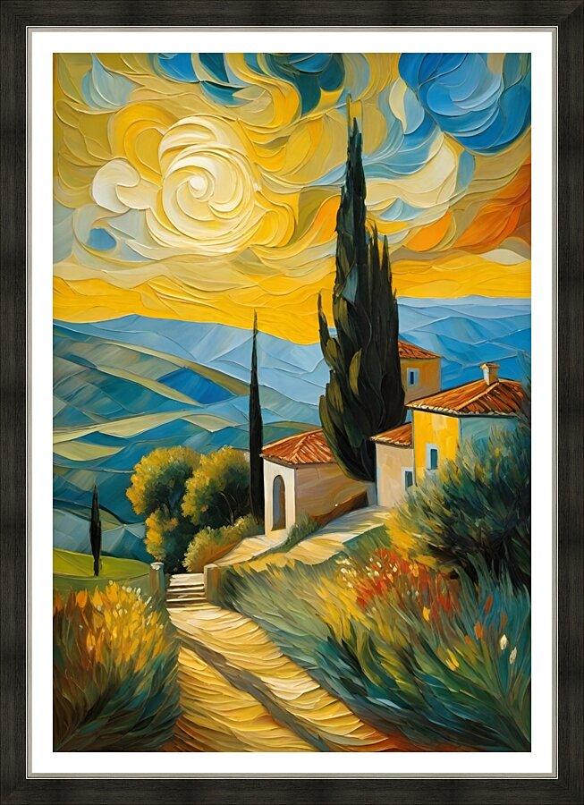 Close-up framed landscape print with cypress tree, winding path, houses, and swirling clouds