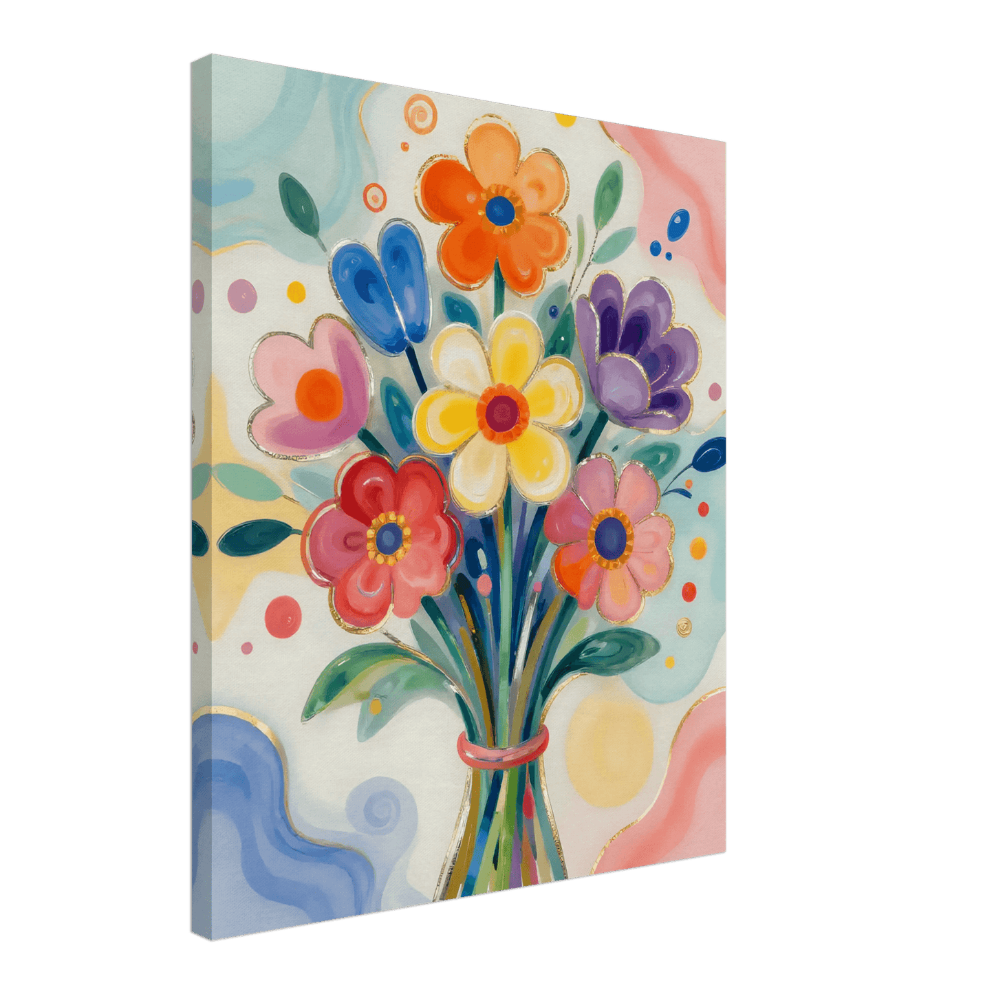 Colorful floral bouquet wall art with multi-color flowers in vase